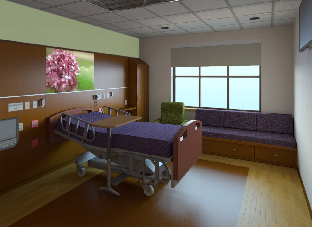 Hospital patient room with wall-mounted TV
