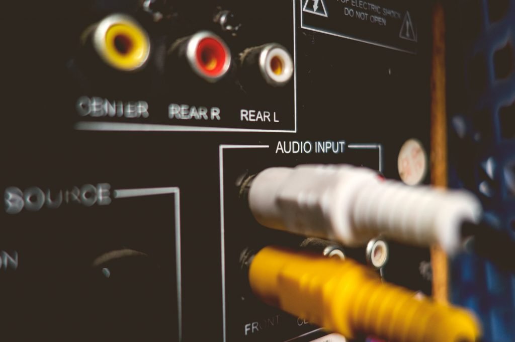 Close-up of an AV receiver's audio input jacks