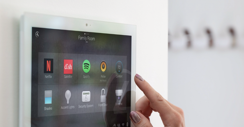 In-wall Control4 touch screen controlling the family room