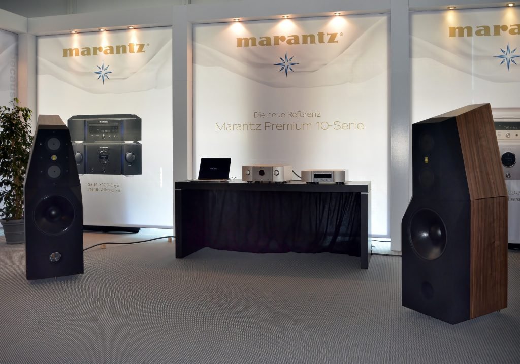 Marantz audio equipment display with tower speakers